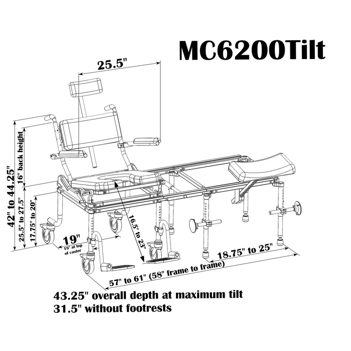 Nuprodx Larger Commode Chair, Tub Access Slider System, and in-home Mobility Chair MC6200Tilt