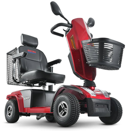 Metro Mobility S500 red mobility scooter with padded swivel seat