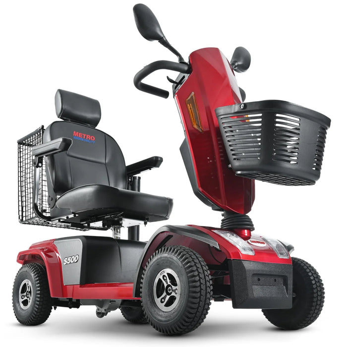 Metro Mobility S500 red mobility scooter with padded swivel seat