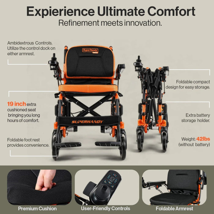 SuperHandy GoRide 2 Foldable Electric Wheelchair, 300 lb Capacity, Dual 48V Batteries | GUT166